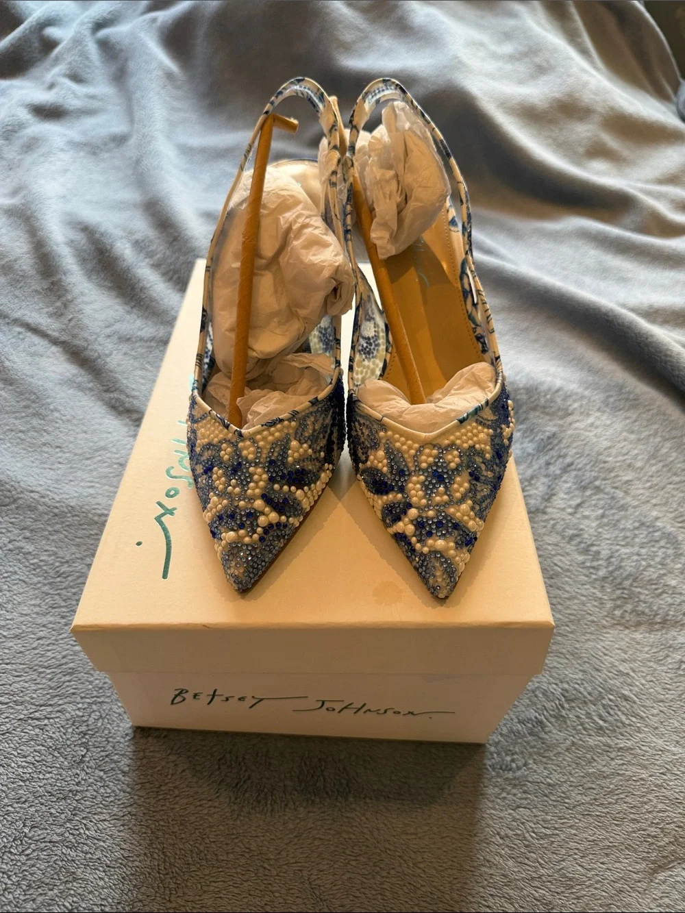Betsey Johnson Blue Beaded Pointed Slingback Pump